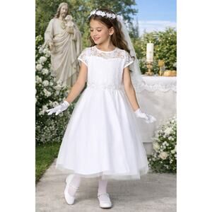 NEW Girls First Holy Communion Dress Size 6 - Lace Bodice Tulle Skirt Tea-length